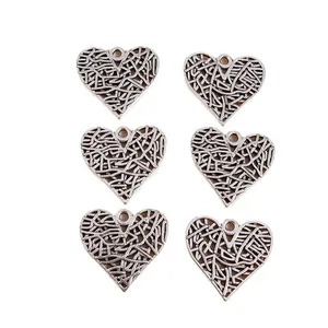 Antique silver plated heart pendants with hollow woven design for DIY jewelry making