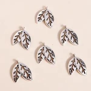 Set of 6 vintage silver leaf charms with hollow branch texture and top ring for DIY jewelry