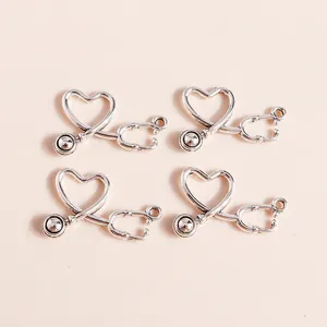 Polished silver heart stethoscope charms in electroplated alloy for DIY jewelry