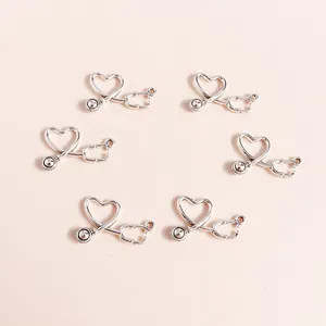 Silver alloy heart stethoscope charms for DIY jewelry making set of 6 pieces