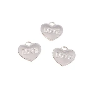 Silver alloy heart pendants with LOVE engraving and beaded edge for DIY jewelry