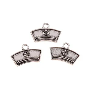Three antique silver nurse hat alloy pendants with cross emblem for DIY jewelry making