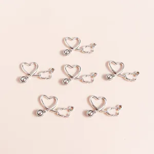 Set of six silver heart stethoscope alloy pendants for DIY medical jewelry crafts