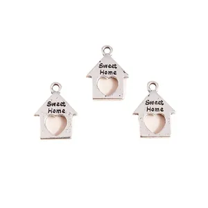 Three silver alloy hollow house charms with Sweet Home text and heart-shaped cutout
