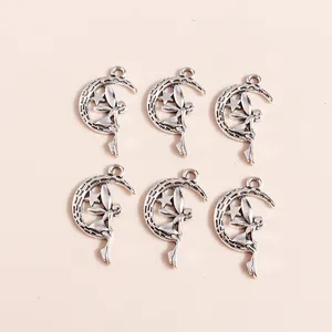 Vintage silver alloy moon fairy and star pendants for DIY jewelry making set of 6