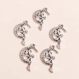 Five antique silver moon and fairy pendants made of alloy for DIY jewelry making