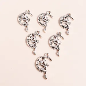 Retro silver alloy fairy on moon pendants with stars for DIY jewelry making