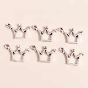Set of 6 hollow silver crown charms made of plated alloy for DIY jewelry making