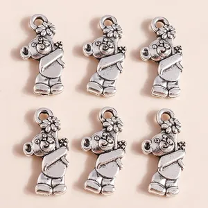 Antique silver plated alloy bear charms with floral details for DIY jewelry making