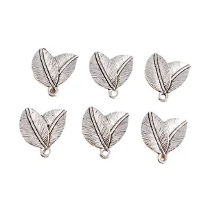 Set of six vintage silver leaf alloy pendants with detailed veins for DIY jewelry making