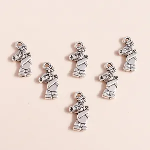 Set of 6 cute vintage silver bear charms with flower detail for DIY jewelry making