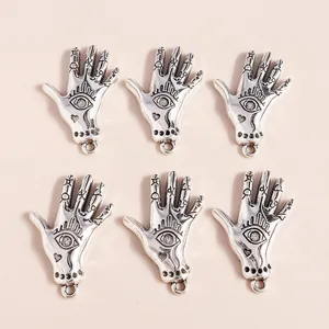 Set of 6 vintage antique silver Hamsa hand pendants with evil eye for DIY jewelry making