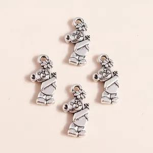 Set of 4 vintage silver alloy bear charms with flower detail for DIY jewelry making
