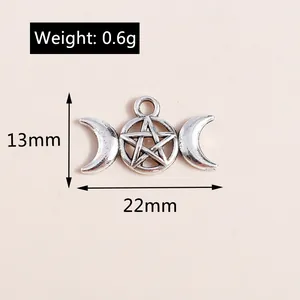 Macro detail of triple moon goddess pendant with pentagram showing 22mm size and 0.6g weight