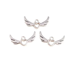 Silver hollow heart angel wing pendants made of polished alloy for DIY jewelry making