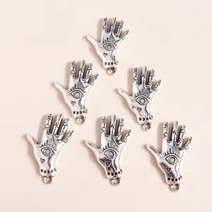 Set of 6 vintage silver alloy palm pendants with mystic eye pattern for DIY jewelry