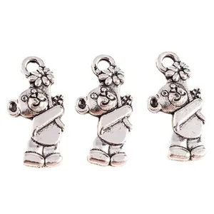 Three vintage silver plated bear charms with small flowers for DIY jewelry making