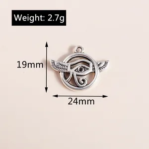 Detailed size view of retro evil eye wing charm with 24mm width and 2.7g weight