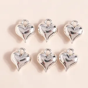 Set of 6 bright silver 3D heart-shaped metal pendants for DIY jewelry making
