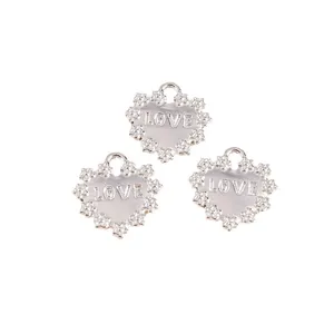 Three silver alloy heart charms with LOVE engraving and floral border for DIY jewelry