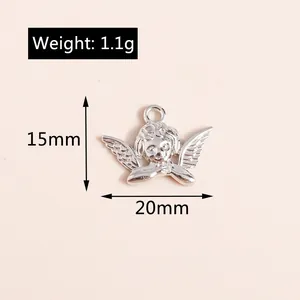 Detailed silver angel wing pendant showing 15x20mm dimensions and 1.1g weight