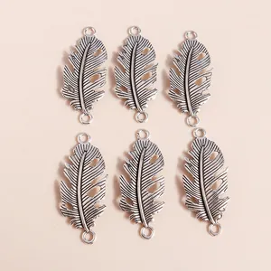 Set of 6 vintage silver hollow leaf feather pendants with double loops for DIY jewelry