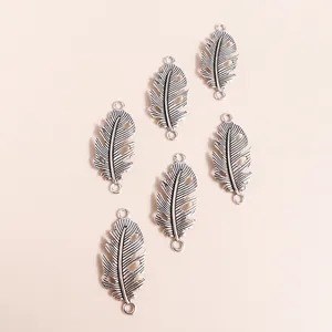 Retro silver alloy hollow leaf feather charms for DIY jewelry making set of six