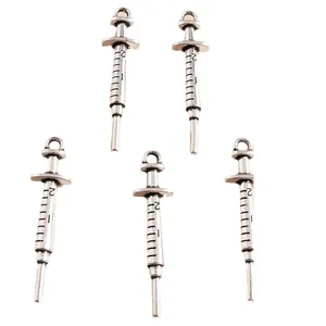 Five-piece set of antique silver alloy syringe charms with engraved scale and hanging rings
