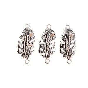 Antique silver feather alloy pendants with hollow leaf design for DIY jewelry making