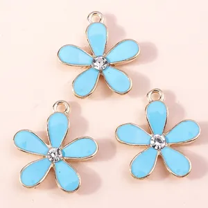 Three-piece set of sky blue enamel cherry blossom charms with center crystals for DIY jewelry