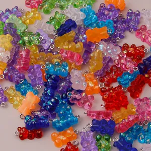 Colorful resin gummy bear charms with glitter flakes and silver rings for DIY jewelry