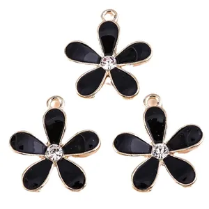 Three black enamel cherry blossom charms with rhinestone center for DIY jewelry making
