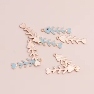 Cute alloy fishbone pendants in light blue and gold for DIY necklace jewelry making