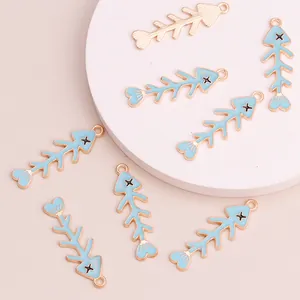 Cute light blue fishbone alloy pendants with gold plating for DIY jewelry necklaces
