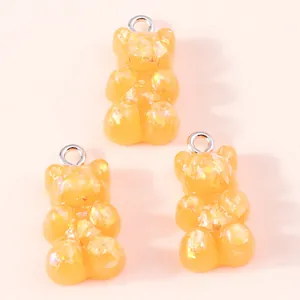 Set of 3 resin gummy bear pendants with colorful sequins and silver metal rings