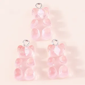Pink translucent resin gummy bear pendants with silver rings for DIY jewelry making