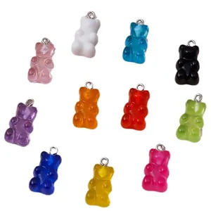 Set of 11 colorful resin gummy bear pendants with metal loops for DIY jewelry making