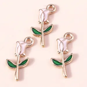 Three elegant rose flower DIY pendants with gold alloy base and light pink enamel finish