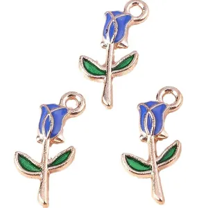 Three elegant blue and green enamel rose flower alloy pendants with golden plated loops