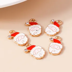 5pcs Christmas Santa Claus enamel charms with red hats and sparkling rhinestones