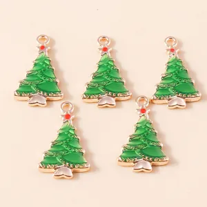 Pack of green enamel Christmas tree alloy pendants with gold trim for DIY jewelry making