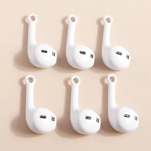 Set of 6 white painted alloy headphone charms with R logo for DIY jewelry making