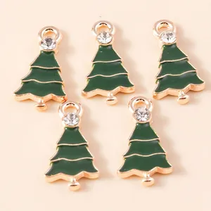 Five green enamel Christmas tree charms with gold plating and sparkling rhinestones