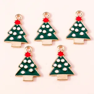 5-piece set of green enamel Christmas tree alloy pendants with gold hooks for DIY crafts