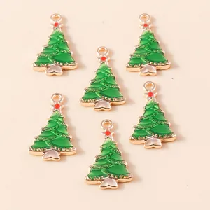 Set of 6 green Christmas tree enamel charms with gold metal finish for DIY jewelry making