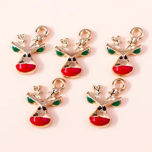 Five gold-plated Christmas reindeer charms with colorful enamel for DIY jewelry making