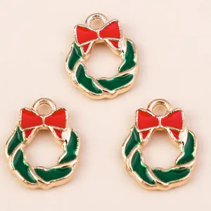 Christmas wreath alloy charms with red bow and green enamel for DIY jewelry making