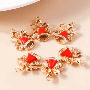 5pcs Christmas bell pendants in red and gold finish for DIY jewelry making