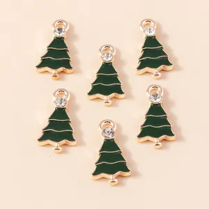 Enamel Christmas Tree Alloy Charms Gold Plated Green Drip Oil Pendants With Rhinestones DIY Jewelry Making Accessory