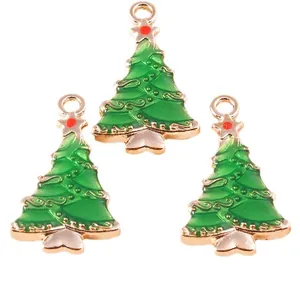 Three green enamel Christmas tree alloy pendants with gold stars for DIY jewelry making